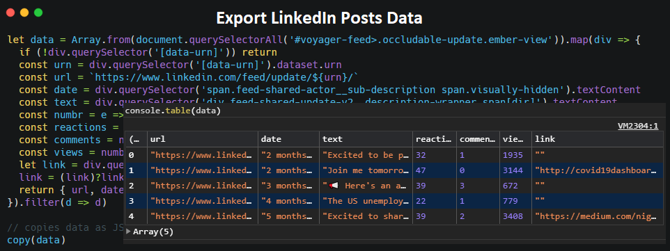 Export LinkedIn Posts Statistics